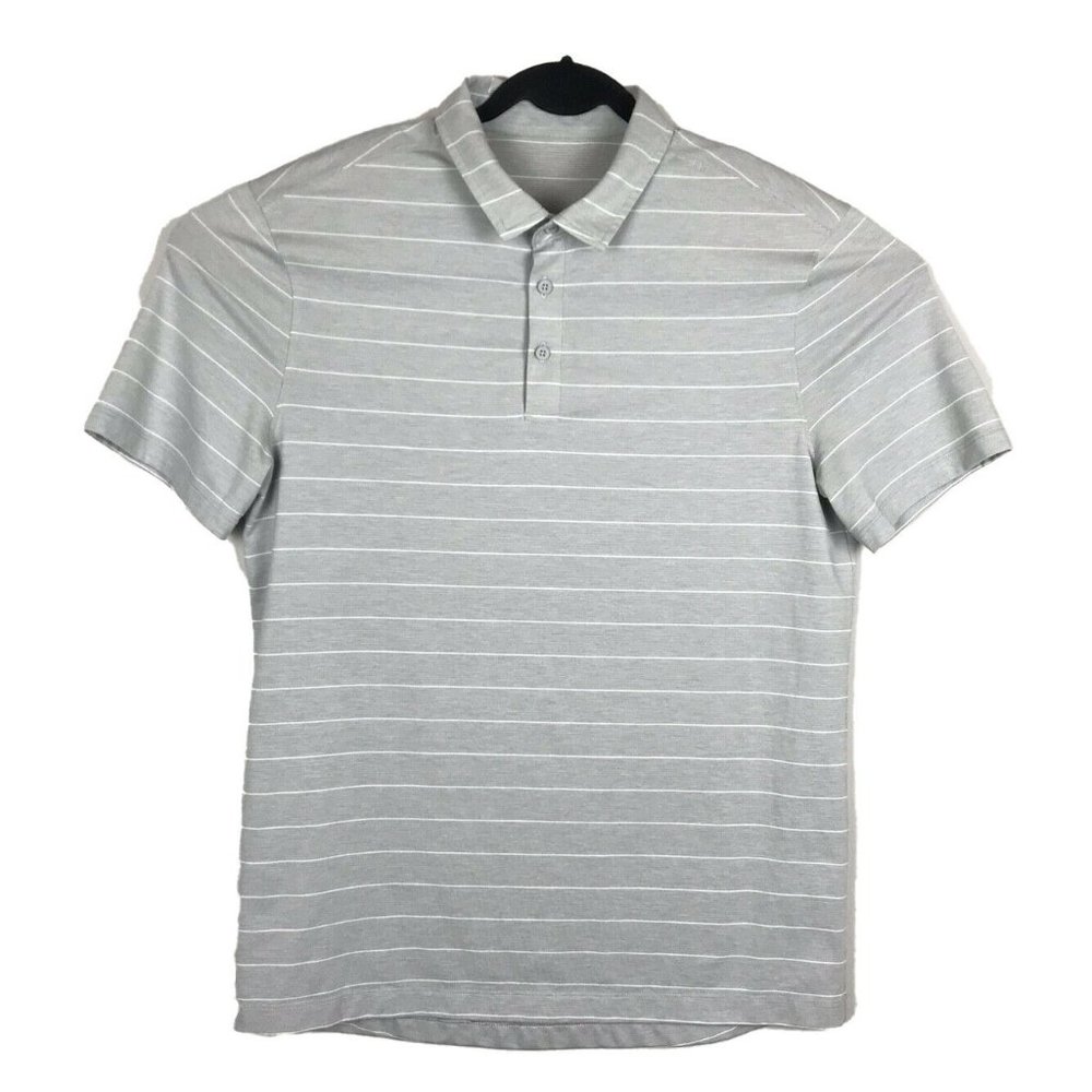 Lululemon Mens Medium Polo Shirt Gray Stripe Active Workout Top